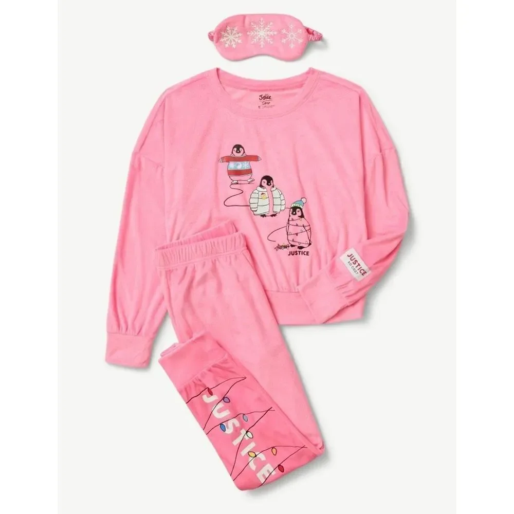 NWT Justice 3 Pcs Pink XL (16-18) Long Sleeve Top, Jogger & Eyemask, Pajama Set